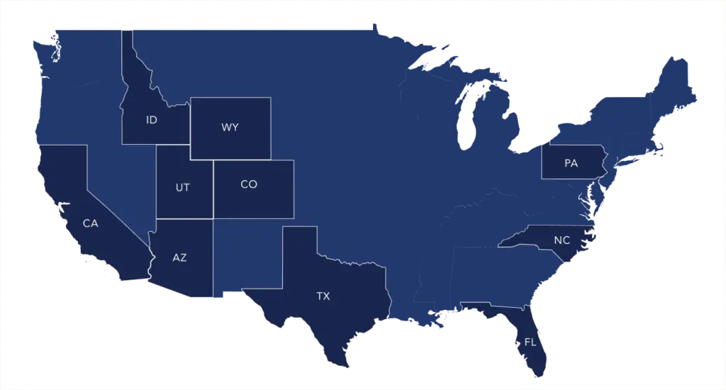 Map of all of the states Creative Environments is located in: California, Utah, Arizona, Colorado, Idaho, Wyoming, Texas, Florida, North Carolina, Pennsylvania.